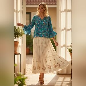 Maximalist Floral Blouse Bold Saturated V-Neck Bell Sleeves Abstract Crinkle